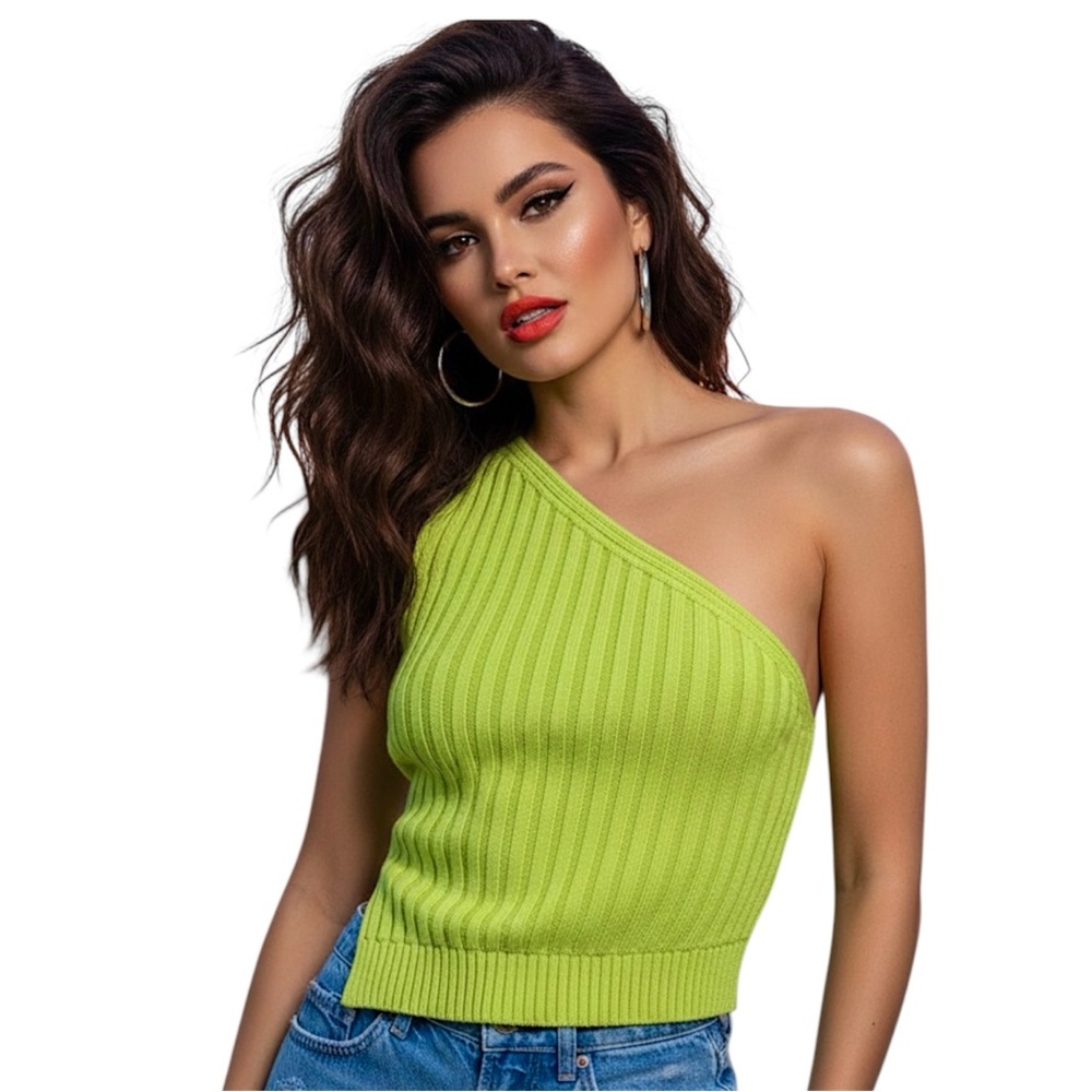 Zara Lime Green Ribbed One-Shoulder asymmetrical cotton Knit Top - Small NWOT